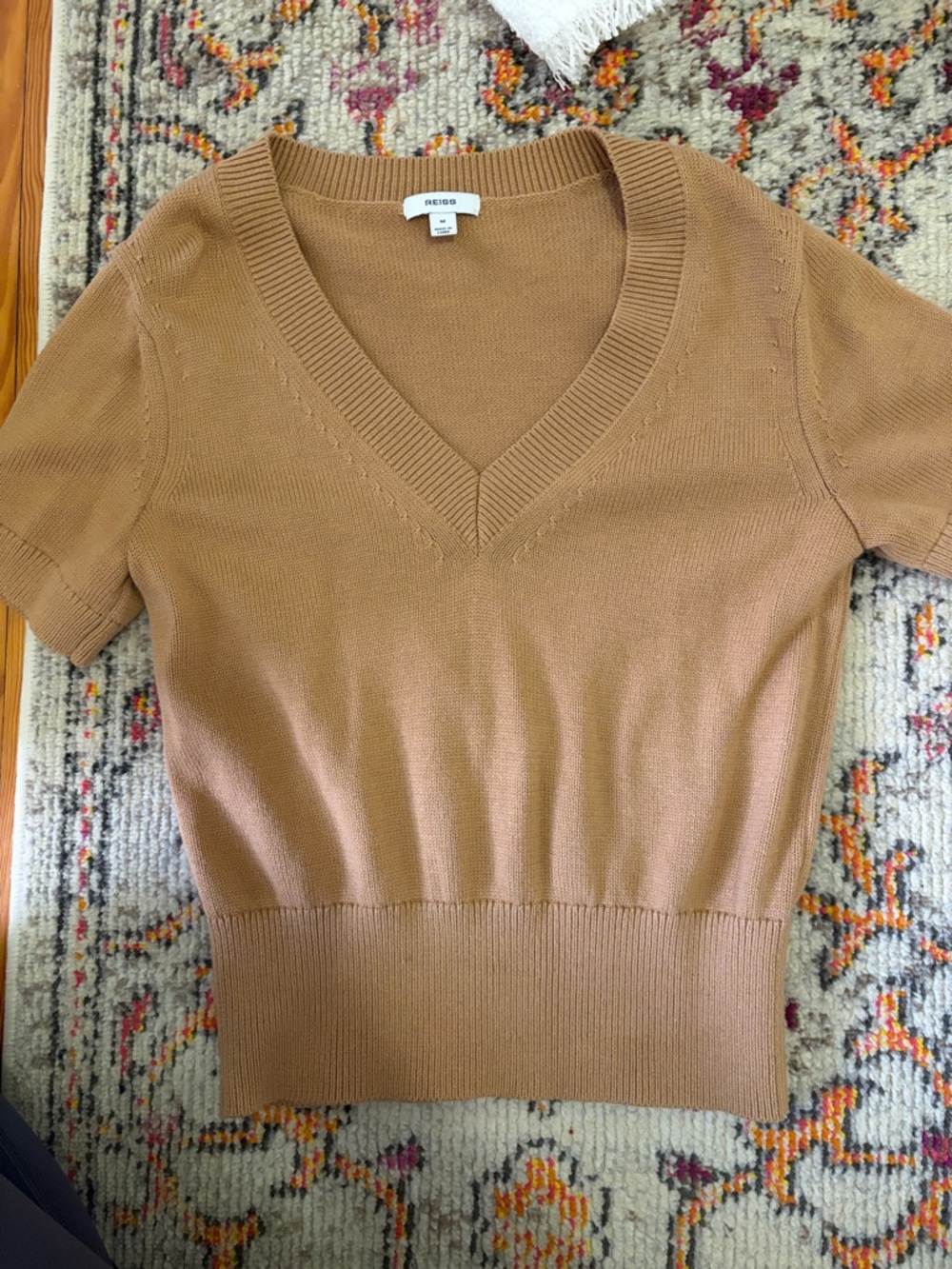Reiss Short-Sleeve V-Neck Sweater in Camel Brown